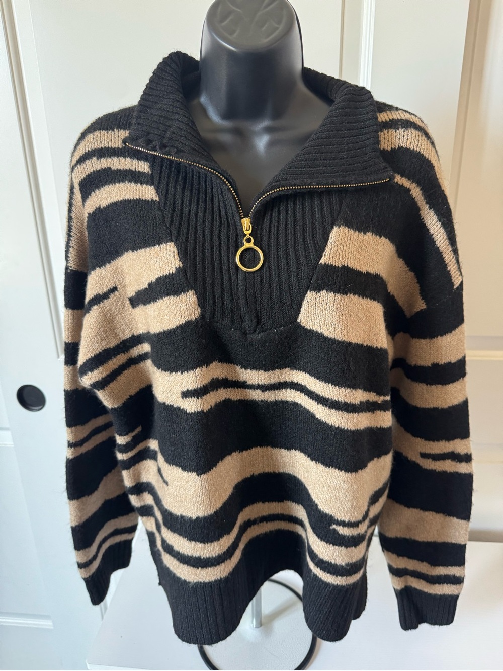 Calligraphie Women's Black and Tan Striped Zip-Neck Sweater